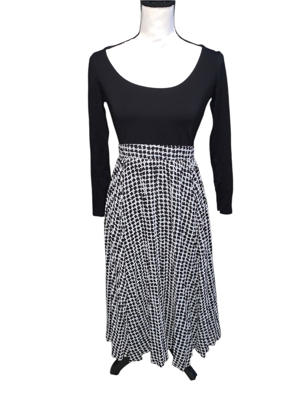 Ann Taylor Mixed Media Houndstooth Fit N Flare Midi Dress Long Sleeve